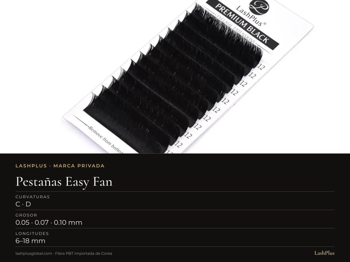 Bandeja LashPlus de extensiones de pestañas easy fan rapid blooming: C · D curvatura, 0.05 · 0.07 · 0.10 mm, 6–18 mm